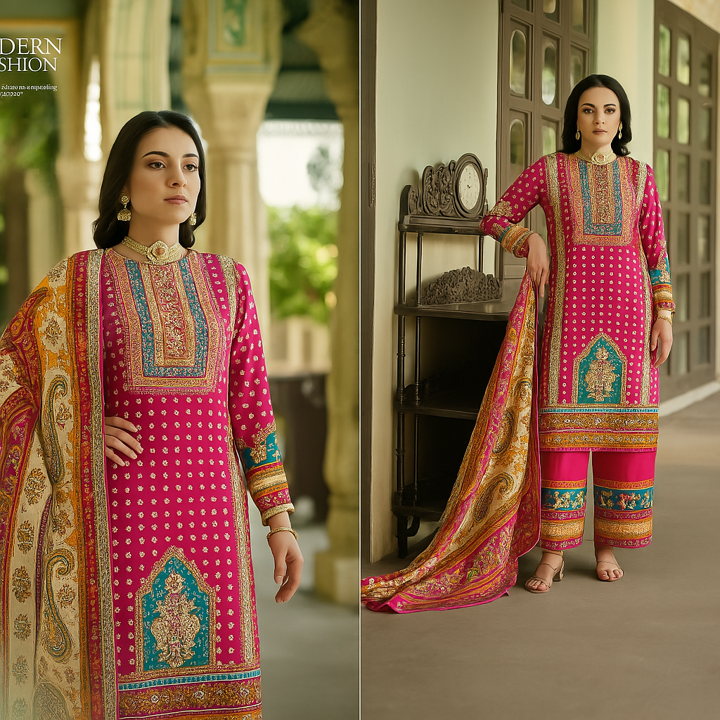 Rani Pink Cotton Suit Set – Zarkan Handwork with Soft Mal Mal Dupatta (Unstitched)