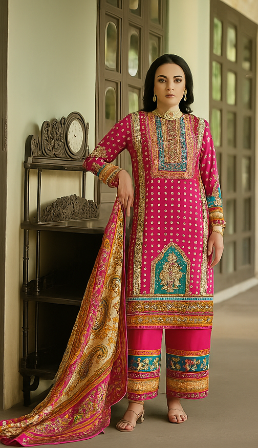 Rani Pink Cotton Suit Set – Zarkan Handwork with Soft Mal Mal Dupatta (Unstitched)