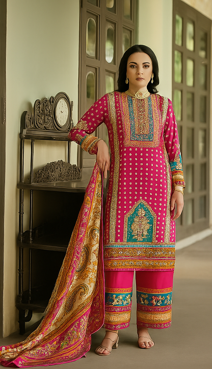 Rani Pink Cotton Suit Set – Zarkan Handwork with Soft Mal Mal Dupatta (Unstitched)