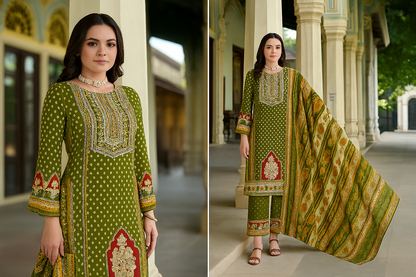 Olive Green Cotton Suit with Zarkan Work – Unstitched Premium Ethnic Wear