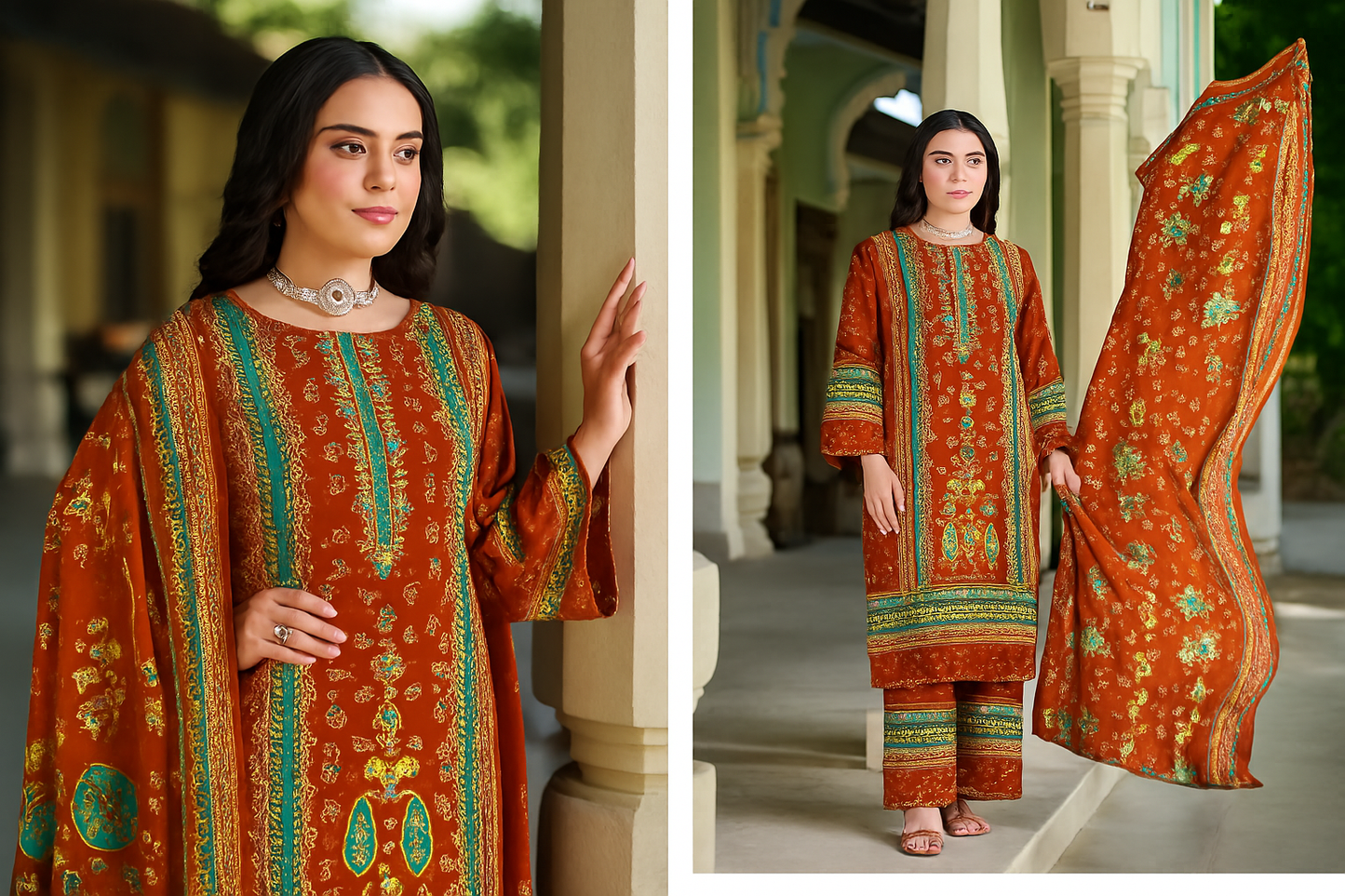 Rust Red Cotton Suit with Zarkan Handwork & Mal Mal Dupatta – Elegant 3 Piece Unstitched