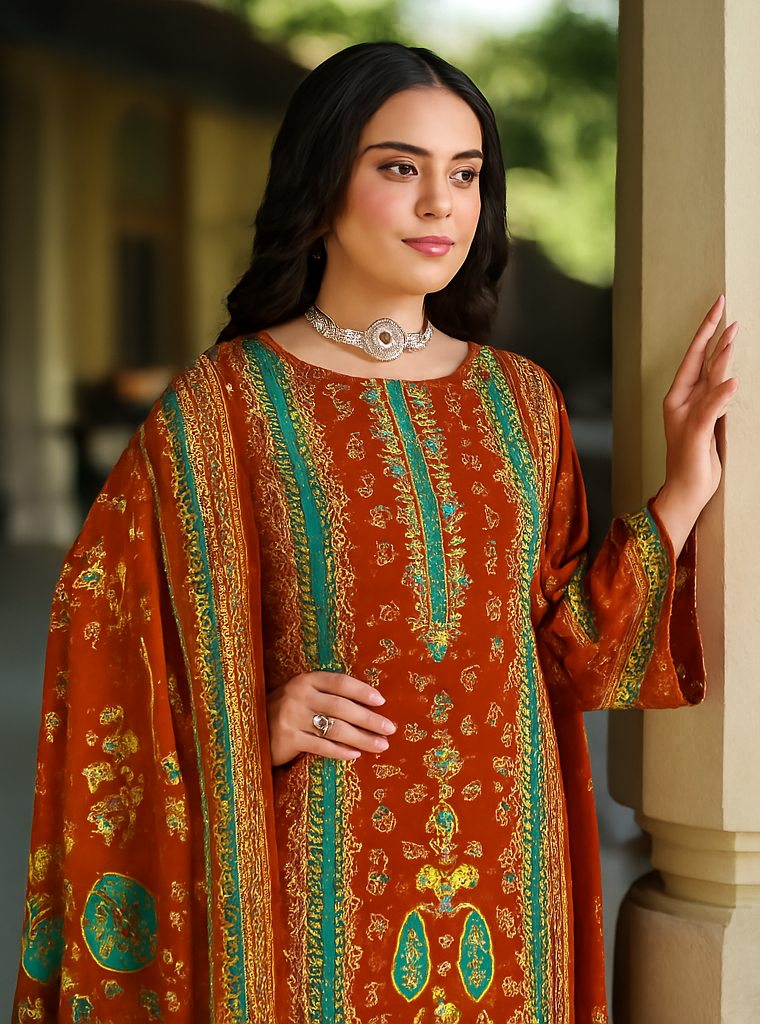 Rust Red Cotton Suit with Zarkan Handwork & Mal Mal Dupatta – Elegant 3 Piece Unstitched