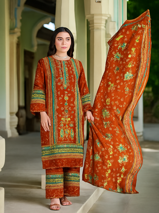 Rust Red Cotton Suit with Zarkan Handwork & Mal Mal Dupatta – Elegant 3 Piece Unstitched