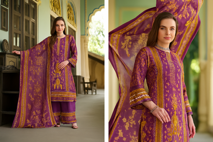 Plum Cotton Suit with Zarkan Handwork & Mal Mal Dupatta – Elegant 3 Piece Set Unstitched