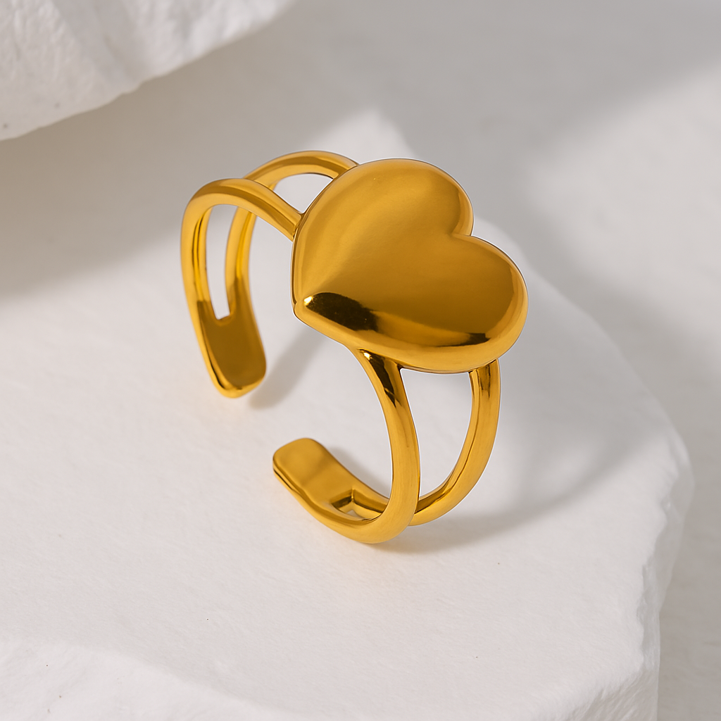 Anti-Tarnish Golden Heart Adjustable Ring – Minimalist Open Band for Women