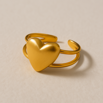 Anti-Tarnish Golden Heart Adjustable Ring – Minimalist Open Band for Women