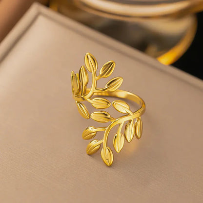 Anti-Tarnish Gold Leaf Adjustable Ring for Women – Nature Inspired Open Wrap Design
