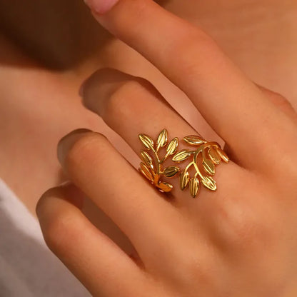 Anti-Tarnish Gold Leaf Adjustable Ring for Women – Nature Inspired Open Wrap Design