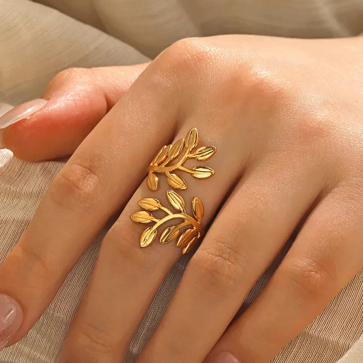 Anti-Tarnish Gold Leaf Adjustable Ring for Women – Nature Inspired Open Wrap Design