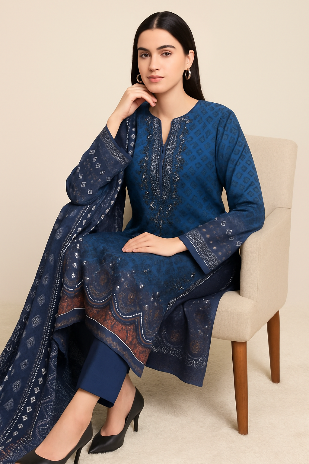 Elegant Slate Blue Printed Cotton Salwar Suit Set for Women – Unstitched Top, Bottom & Dupatta