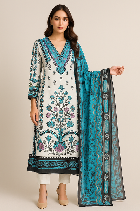 Elegant Digital Cotton Printed Suit in White & Turquoise - Unstitched 3-Piece Set