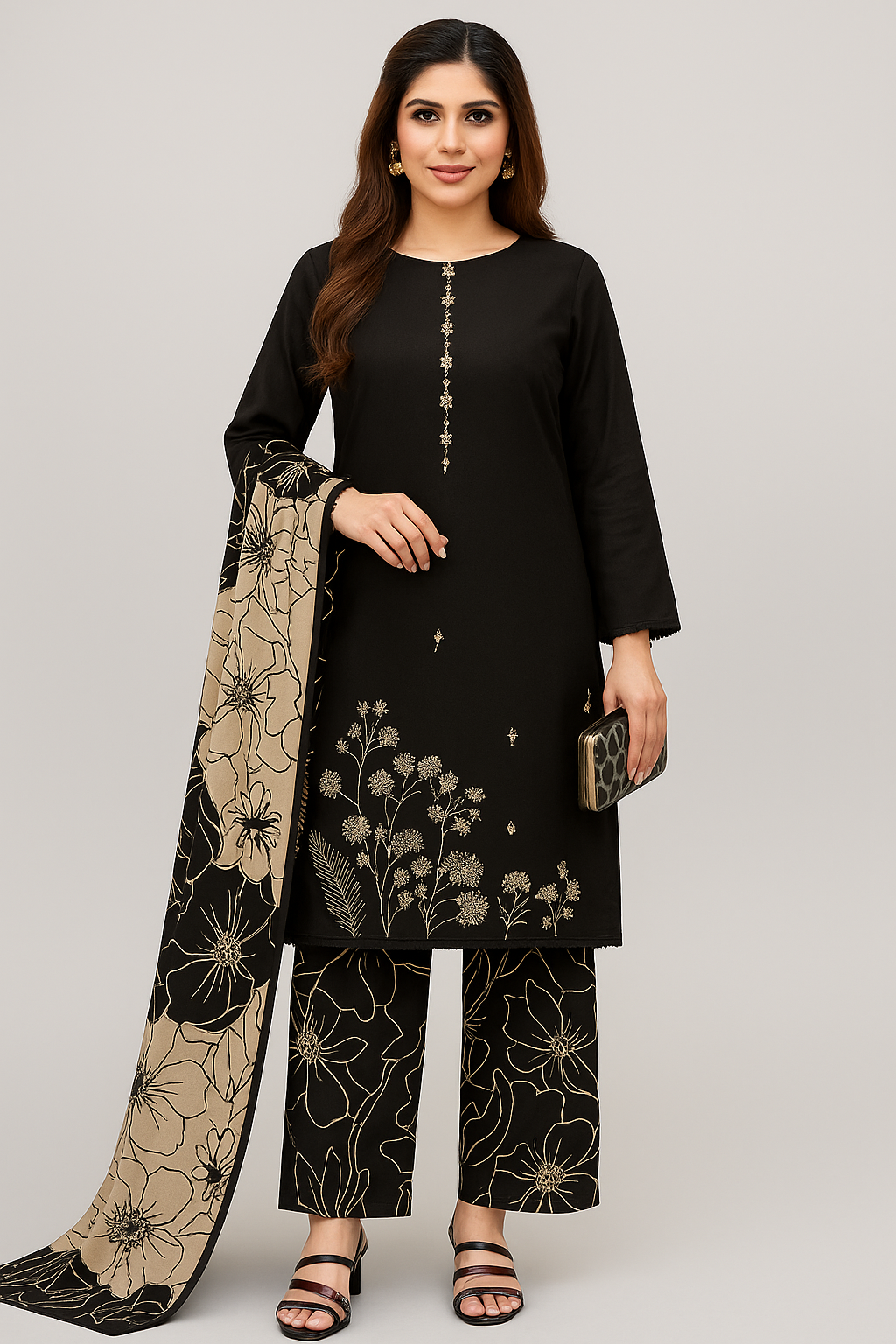 Unstitched Black Rayon Embroidered Suit Set with Printed Dupatta & Lace – Elegant Ethnic Wear