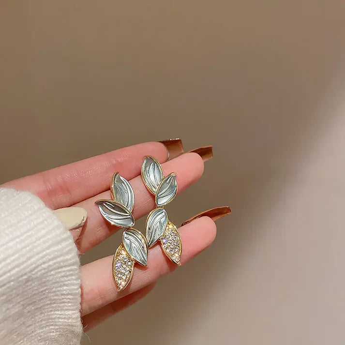 Elegant Leaf Drop Earrings with Crystal Detailing | Gold-Tone Fashion Jewelry for Women