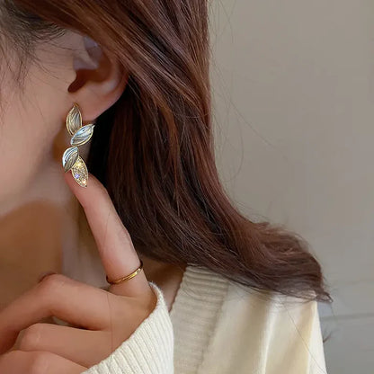 Elegant Leaf Drop Earrings with Crystal Detailing | Gold-Tone Fashion Jewelry for Women