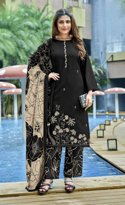 Unstitched Black Rayon Embroidered Suit Set with Printed Dupatta & Lace – Elegant Ethnic Wear