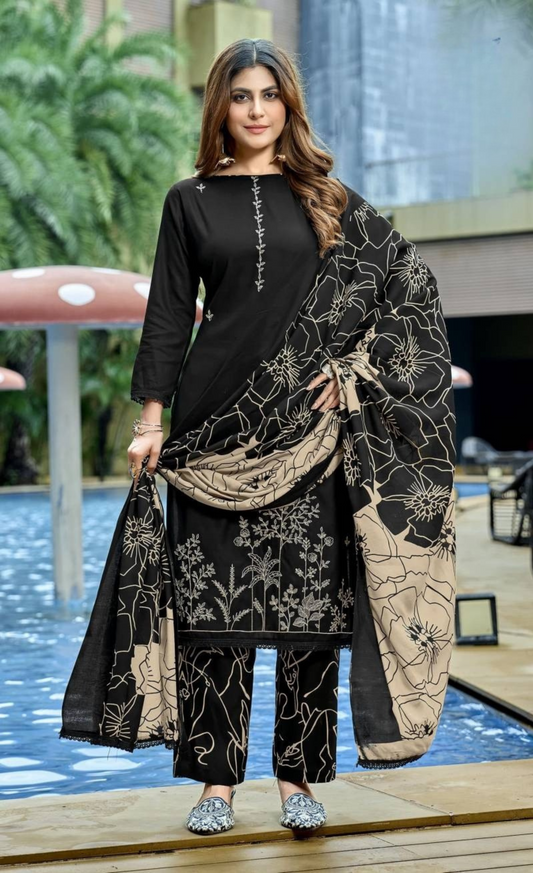 Premium Black & Beige Embroidered Rayon Suit Set | Unstitched Dress Material for Women