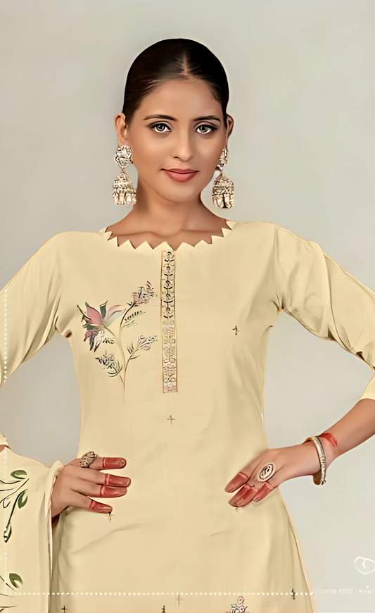 Beige Lawn Unstitched Cotton Suit Set with Hand Brush Print & Embroidered Dupatta