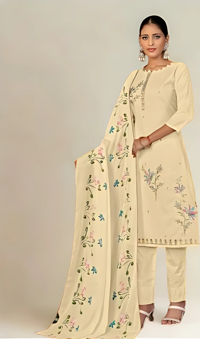 Beige Lawn Unstitched Cotton Suit Set with Hand Brush Print & Embroidered Dupatta