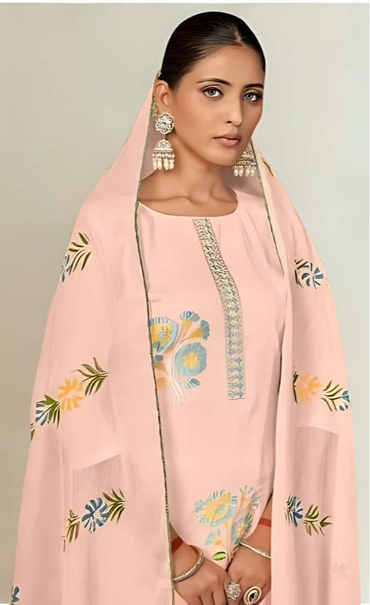 Pastel Pink Lawn Cotton Suit Set with Embroidery & Hand Brush Print Dupatta