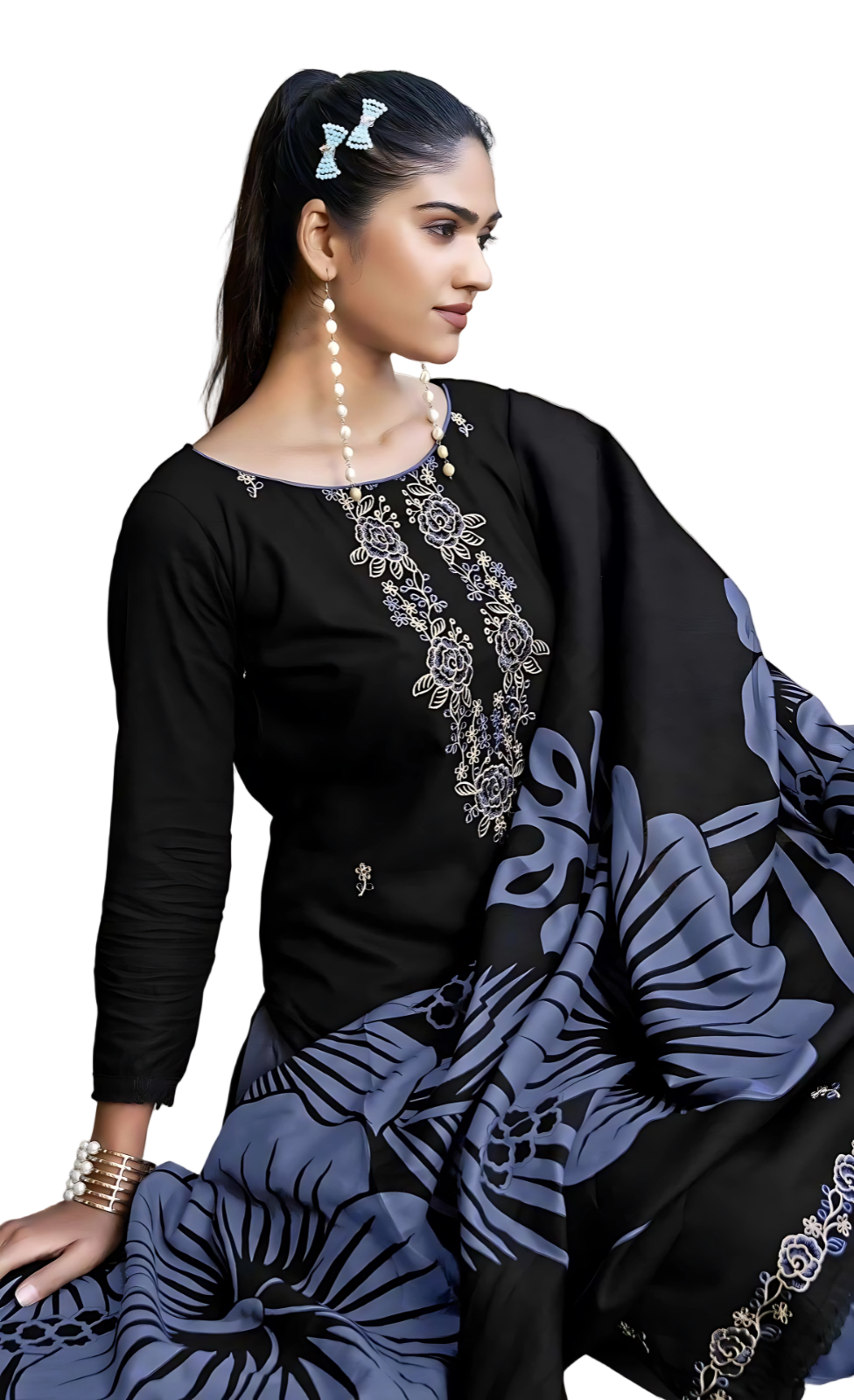 Black & Blue Rayon Embroidered Suit Set with Printed Dupatta – 3 Piece Unstitched