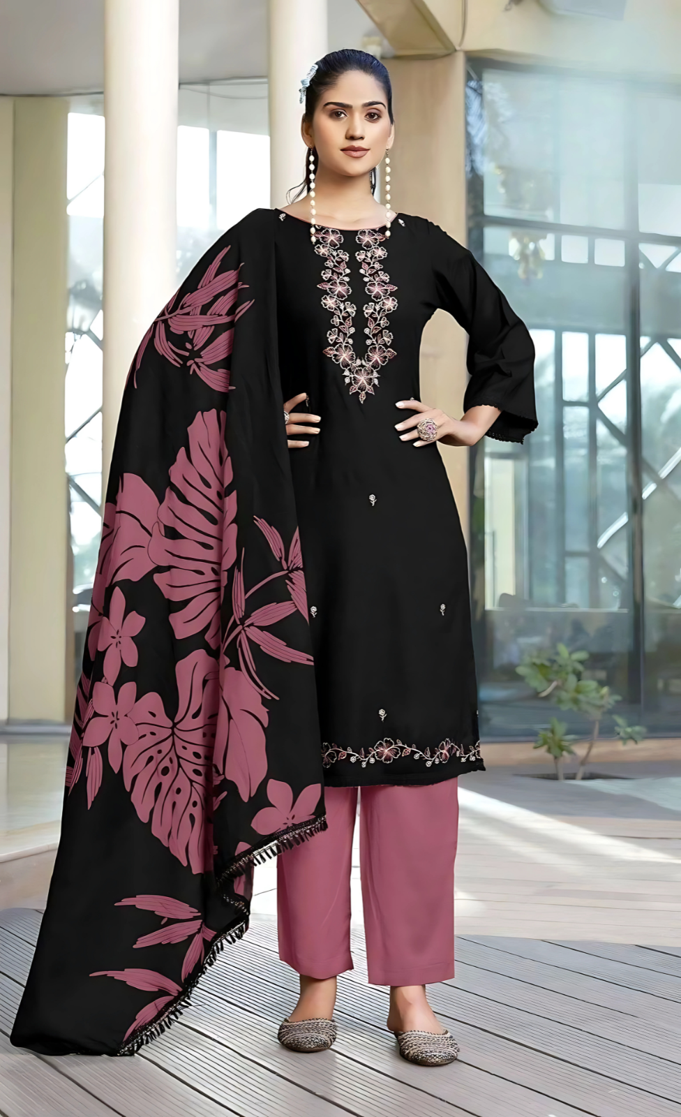 Black & Pink Rayon Embroidered Suit Set with Printed Dupatta – Unstitched 3 Piece