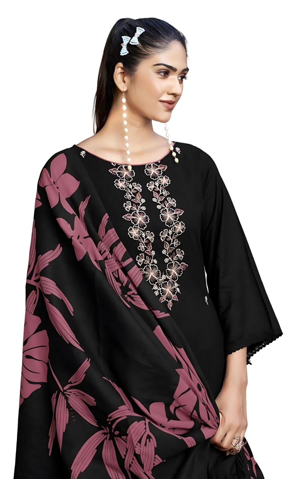 Black & Pink Rayon Embroidered Suit Set with Printed Dupatta – Unstitched 3 Piece
