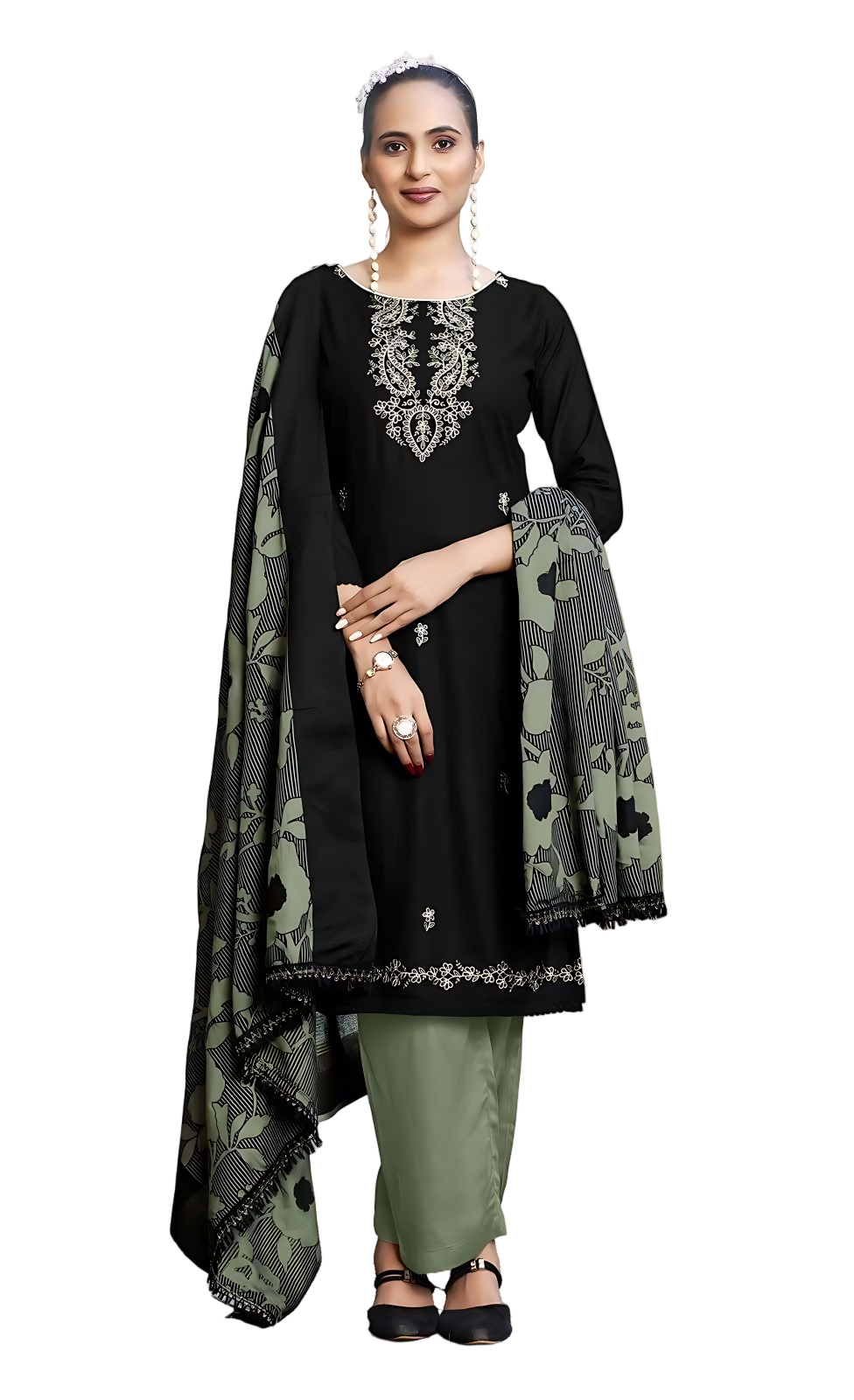Unstitched Black Rayon Suit with Sequin Embroidery, Daman Lace & Printed Dupatta – 3 Piece Dress Material