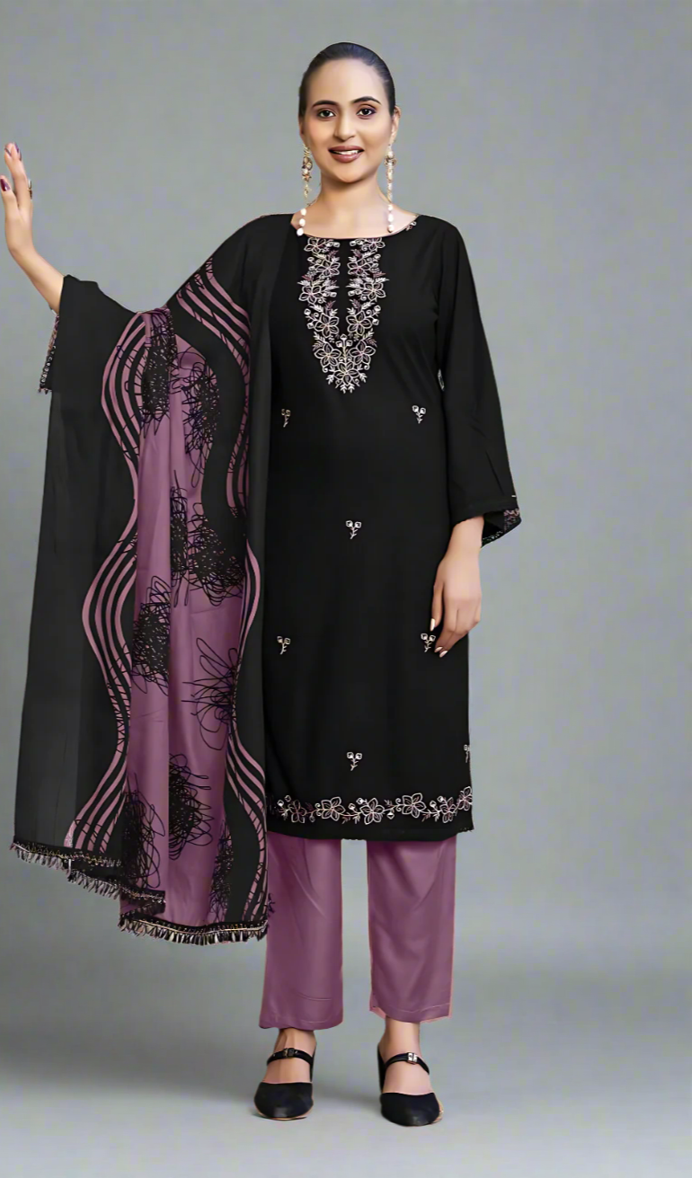 Unstitched Black Rayon Suit with Sequin Embroidery, Daman Lace & Printed Dupatta – 3 Piece Dress Material
