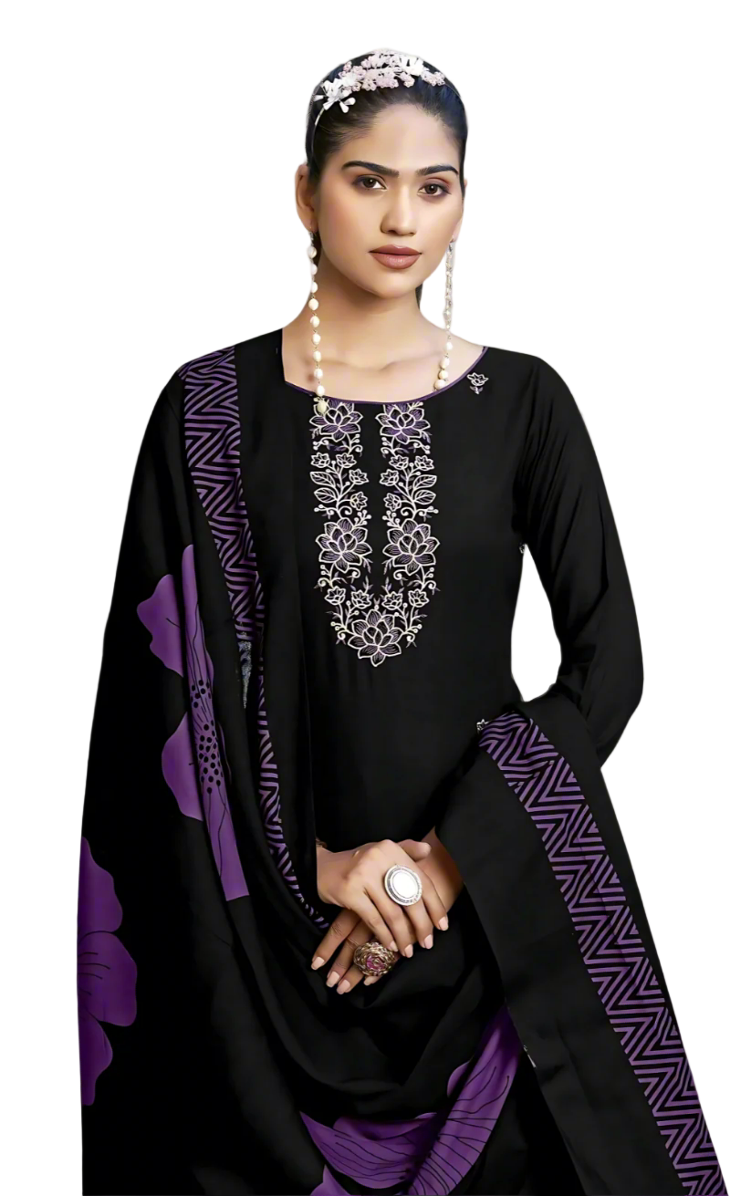Elegant Black & Purple Rayon Unstitched Suit Set with Sequence Embroidery & Printed Dupatta – 3 Piece Dress Material