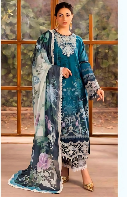 Elegant Blue & Black Unstitched Suit with Heavy White Embroidery & Printed Cotton Dupatta
