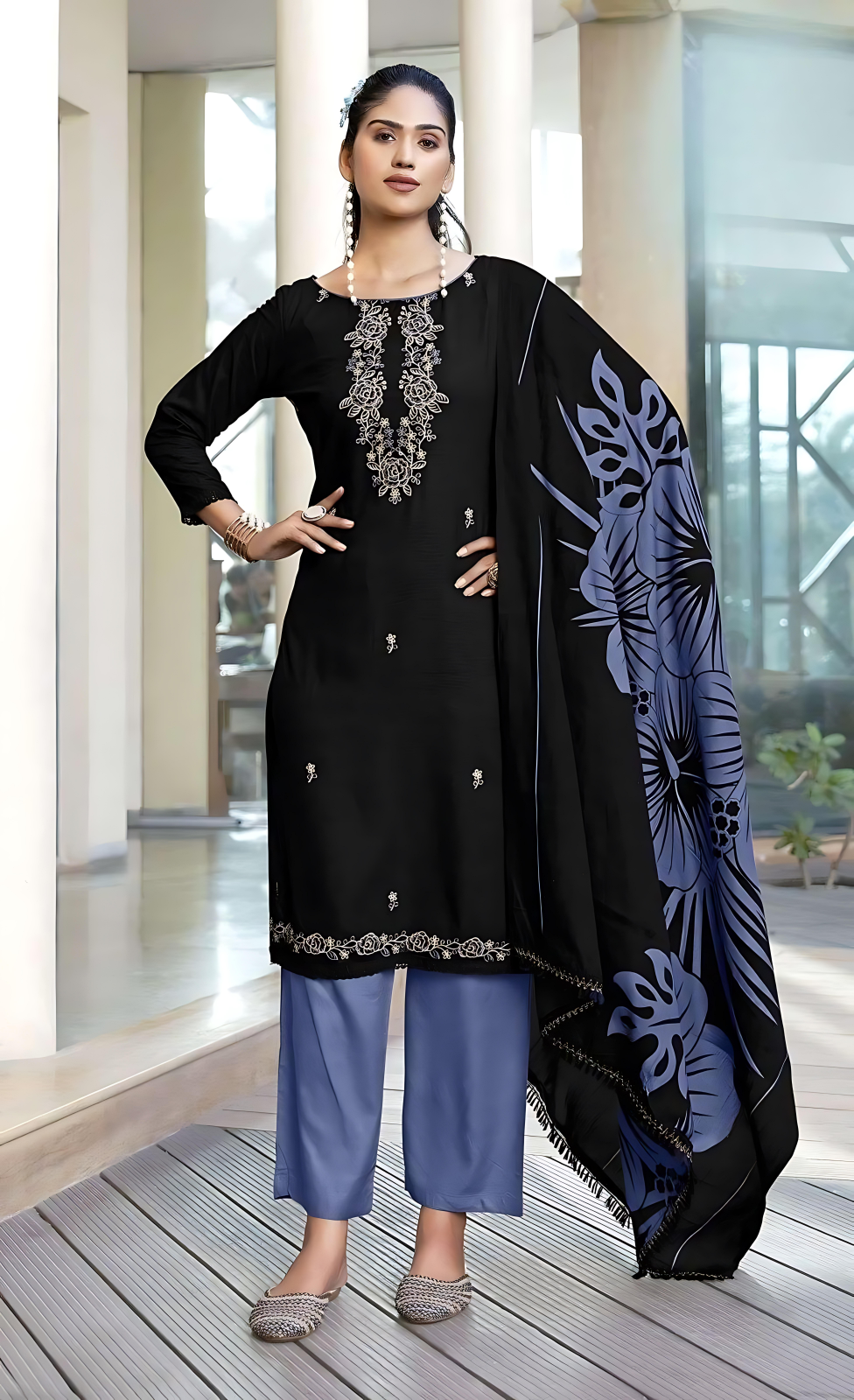 Black & Blue Rayon Embroidered Suit Set with Printed Dupatta – 3 Piece Unstitched