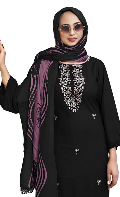 Unstitched Black Rayon Suit with Sequin Embroidery, Daman Lace & Printed Dupatta – 3 Piece Dress Material