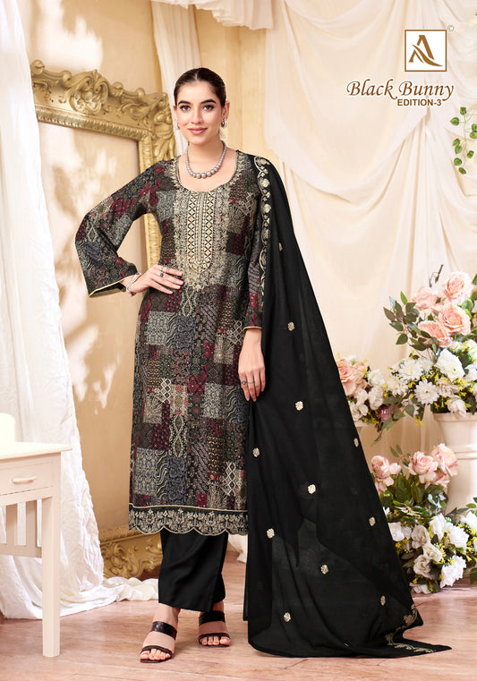 Viscose Rayon Foil Print Unstitched Dress Material with Fancy Embroidery & Cotton Malmal Dupatta