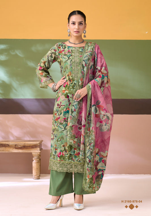 Pure Cotton Digital Print Unstitched Dress Material with Fancy Embroidery & Rayon Bottom