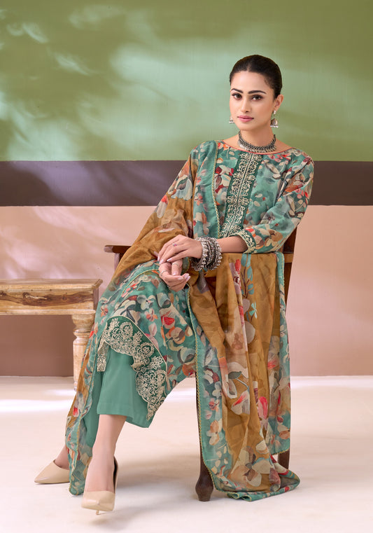 Pure Cotton Digital Print Unstitched Dress Material with Fancy Embroidery & Rayon Bottom