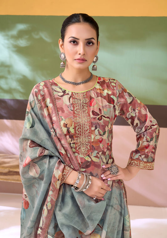 Pure Cotton Digital Print Unstitched Dress Material with Fancy Embroidery & Rayon Bottom