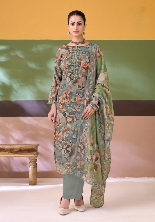 Pure Cotton Digital Print Unstitched Dress Material with Fancy Embroidery & Rayon Bottom