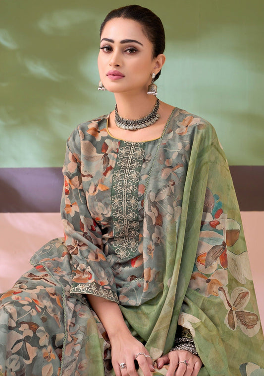 Pure Cotton Digital Print Unstitched Dress Material with Fancy Embroidery & Rayon Bottom