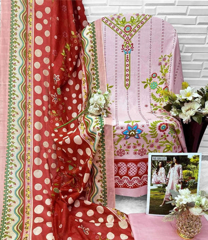 Floral Printed Pastel Pink Salwar Kameez Suit with Vibrant Dupatta Unstitched