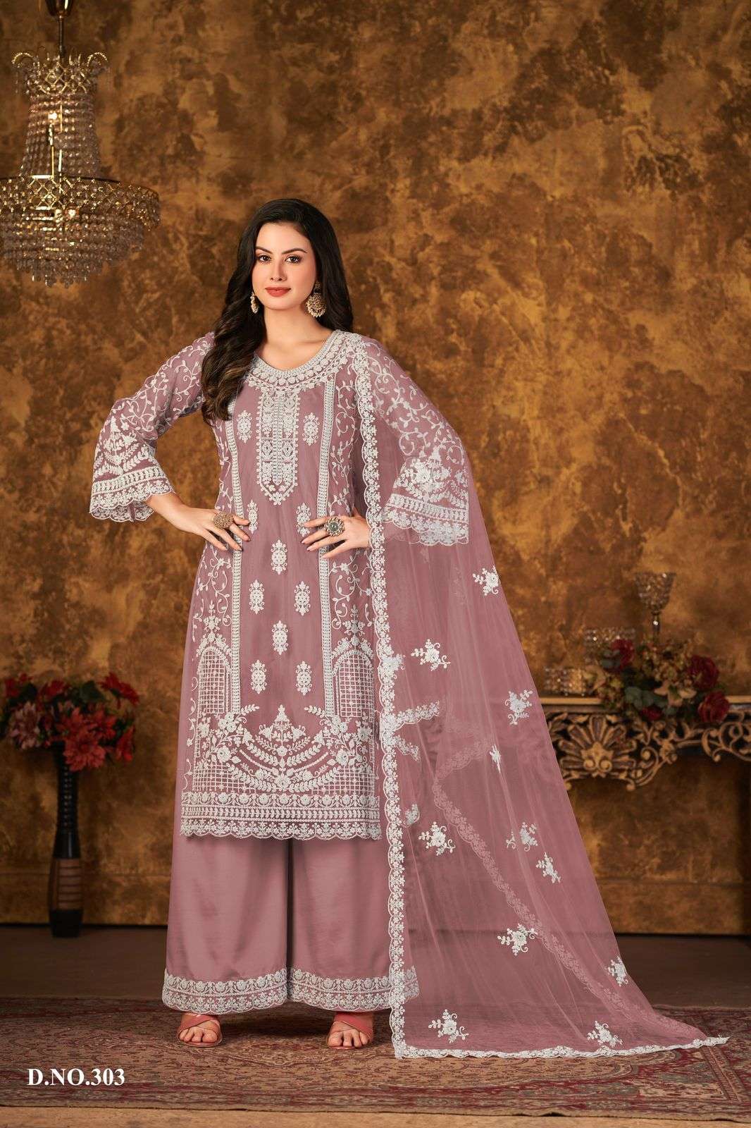 Elegant Mauve Net Embroidered Palazzo Suit with Dupatta – Festive & Wedding Wear