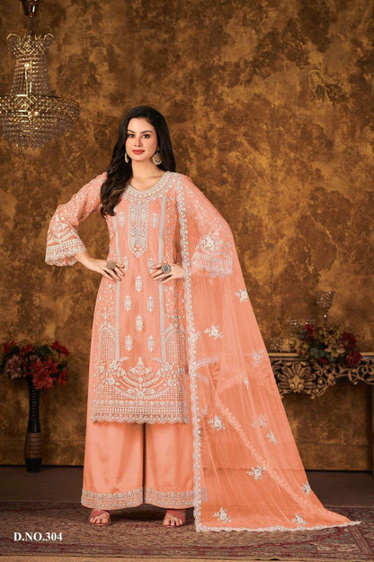 Elegant Peach Net Embroidered Suit with Palazzo & Dupatta – Festive & Wedding Wear