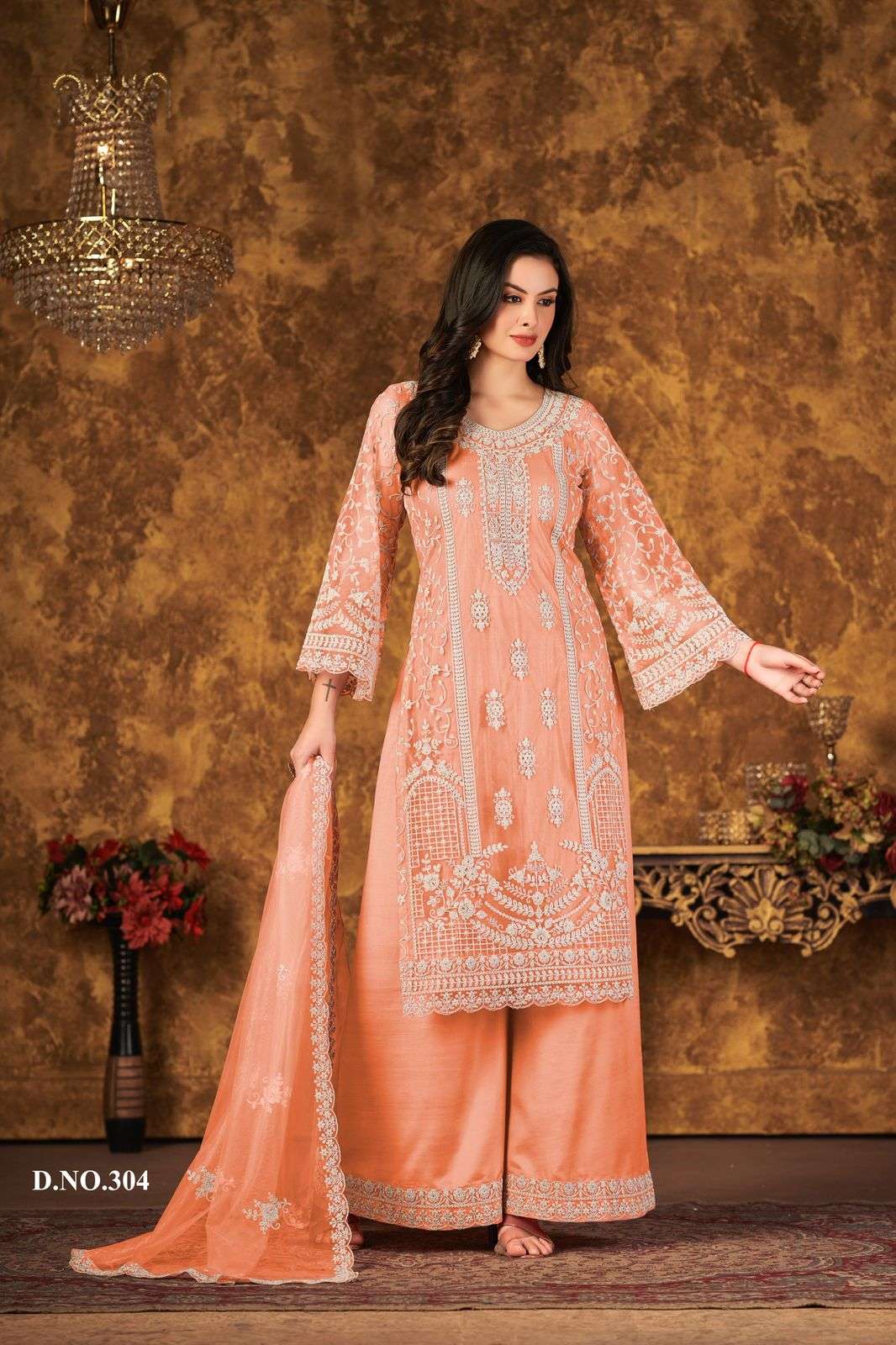 Elegant Peach Net Embroidered Suit with Palazzo & Dupatta – Festive & Wedding Wear