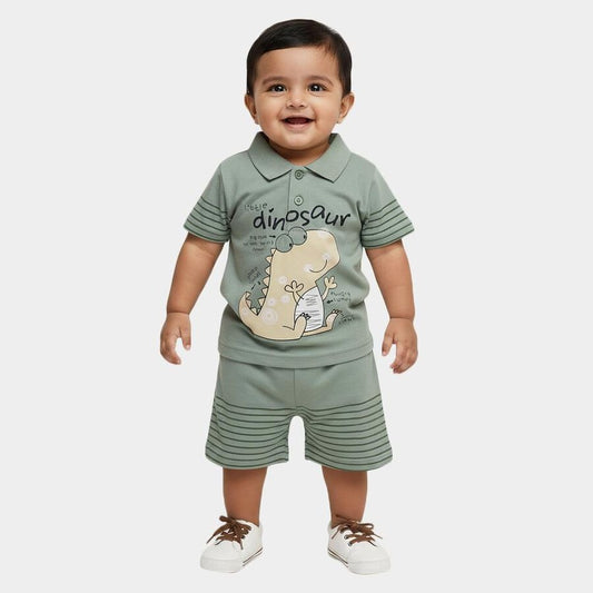 Green Cotton Polo Neck Dinosaur Printed Baby Suit
