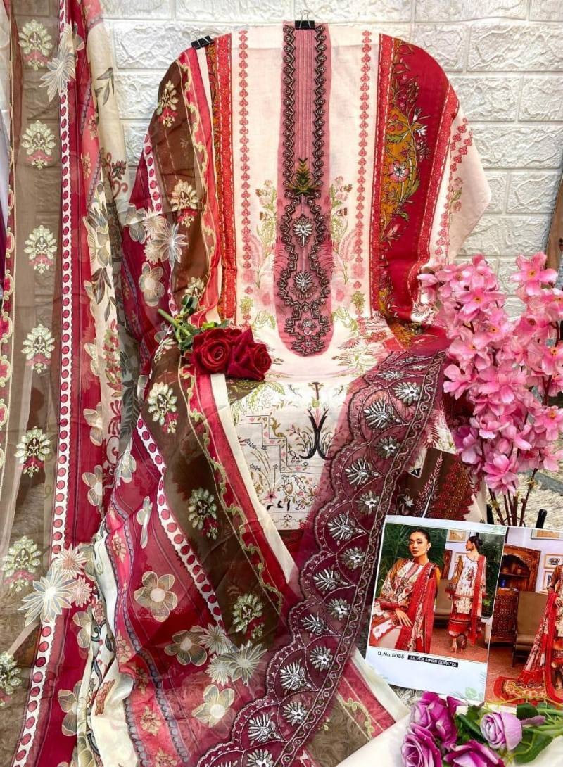 Elegant Maroon & Cream Floral Embroidered Suit – Unstitched Festive 3-Piece Set with Net Dupatta
