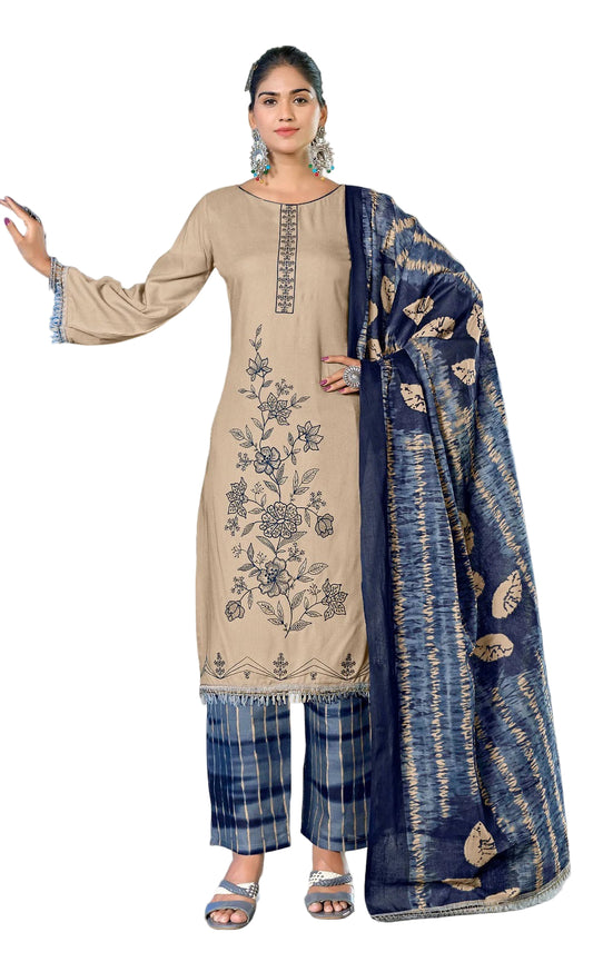 Unstitched Rayon Suit with Sequin Embroidery, Daman Lace & Printed Dupatta – 3 Piece Dress Material