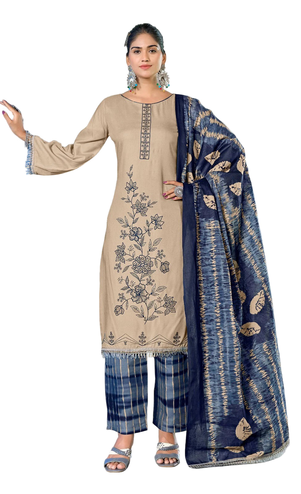 Unstitched Rayon Suit with Sequin Embroidery, Daman Lace & Printed Dupatta – 3 Piece Dress Material
