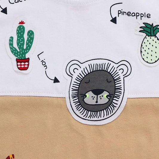 Beige Cotton Round Neck Printed and Applique Baby Suit