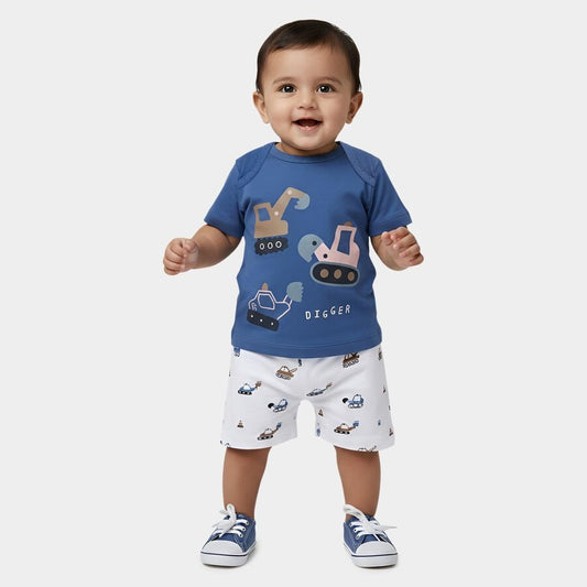 Blue Cotton Round Neck Printed Baby Suit
