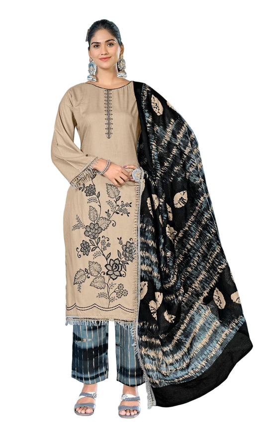Unstitched Rayon Suit with Sequin Embroidery, Daman Lace & Printed Dupatta – 3 Piece Dress Material