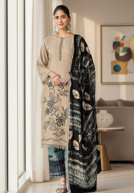 Unstitched Rayon Suit with Sequin Embroidery, Daman Lace & Printed Dupatta – 3 Piece Dress Material